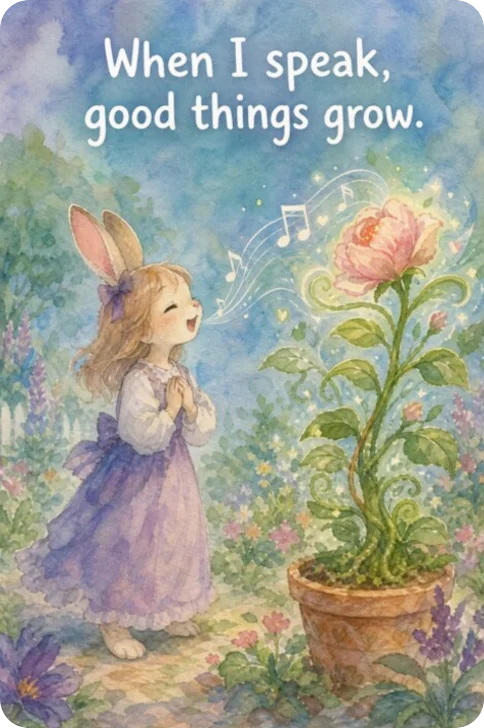 Valuables card for teaching values through activities for kids, featuring the message "When I speak, good things grow."